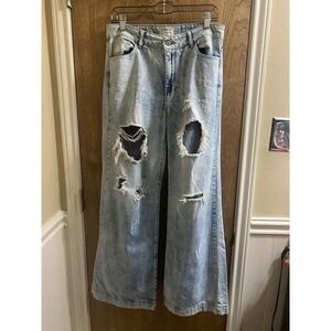 Uniq By Litz Distressed 90s Wide Leg jeans Mid-Rise Light Acid-Wash Blue Sz 28/7